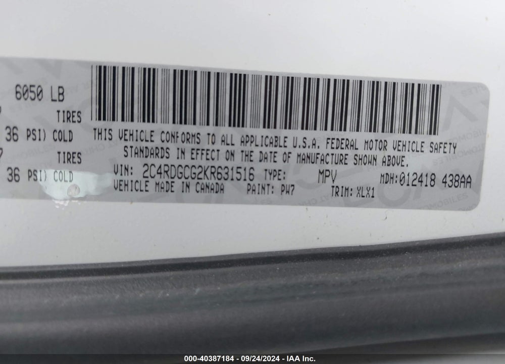 2019 DODGE GRAND CARAVAN SXT VIN: 2C4RDGCG2KR631516