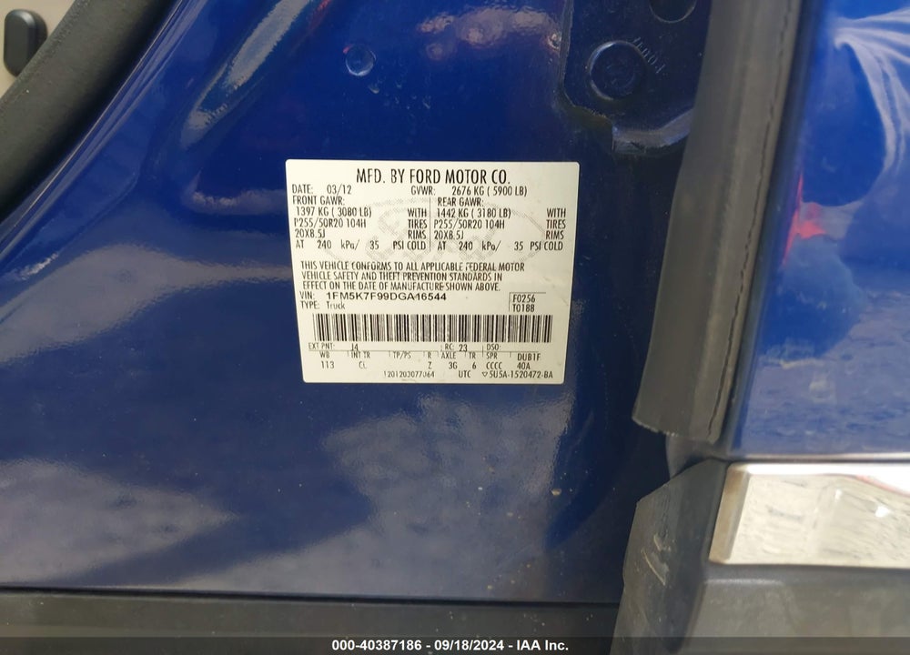 2013 FORD EXPLORER LIMITED VIN: 1FM5K7F99DGA16544
