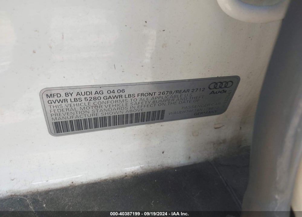 2006 AUDI A6 3.2 VIN: WAUEH74F16N179812