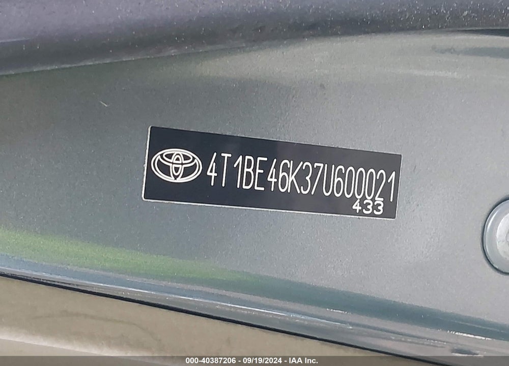 2007 TOYOTA CAMRY LE VIN: 4T1BE46K37U600021