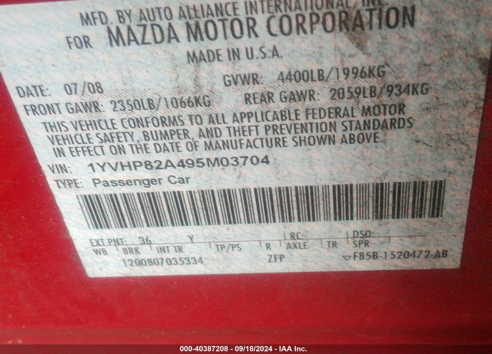 2009 MAZDA 6 I GRAND TOURING VIN: 1YVHP82A495M03704