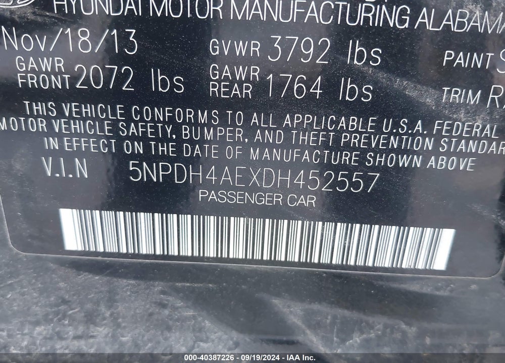 2013 HYUNDAI ELANTRA GLS VIN: 5NPDH4AEXDH452557