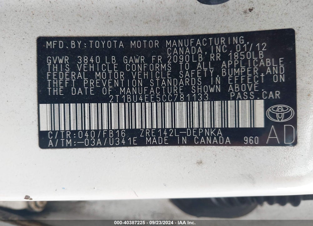 2012 TOYOTA COROLLA LE VIN: 2T1BU4EE5CC781133