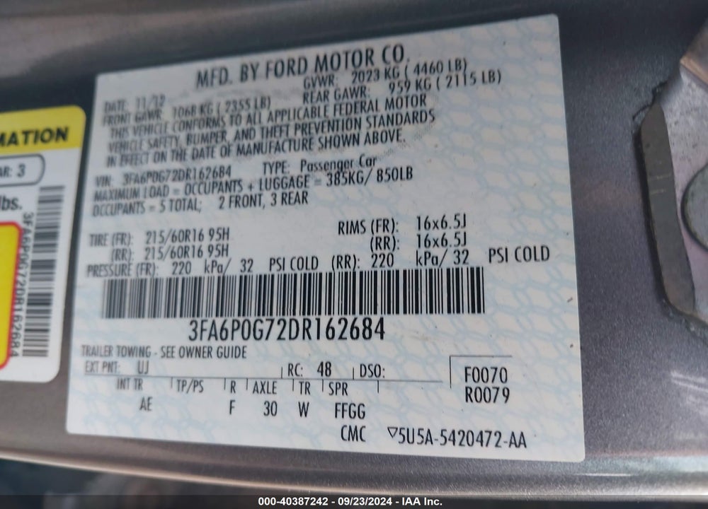 2013 FORD FUSION S VIN: 3FA6P0G72DR162684