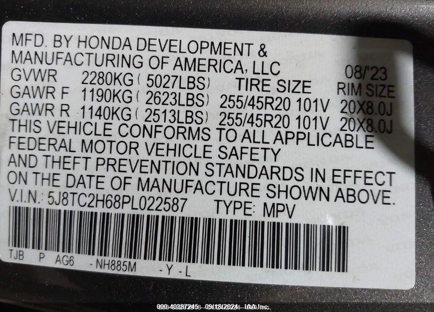 2023 ACURA RDX A-SPEC PACKAGE VIN: 5J8TC2H68PL022587