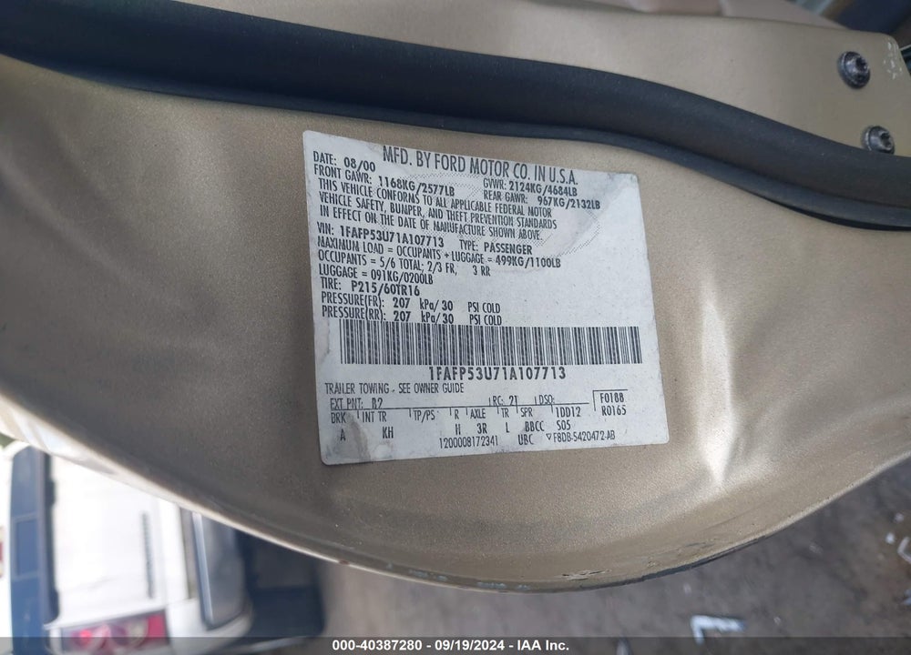 2001 FORD TAURUS SE VIN: 1FAFP53U71A107713