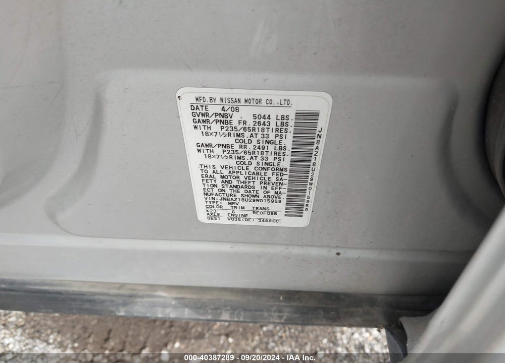 2009 NISSAN MURANO SL VIN: JN8AZ18U29W015959