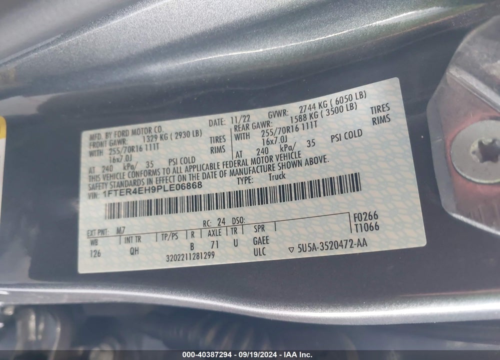 2023 FORD RANGER XL VIN: 1FTER4EH9PLE06868