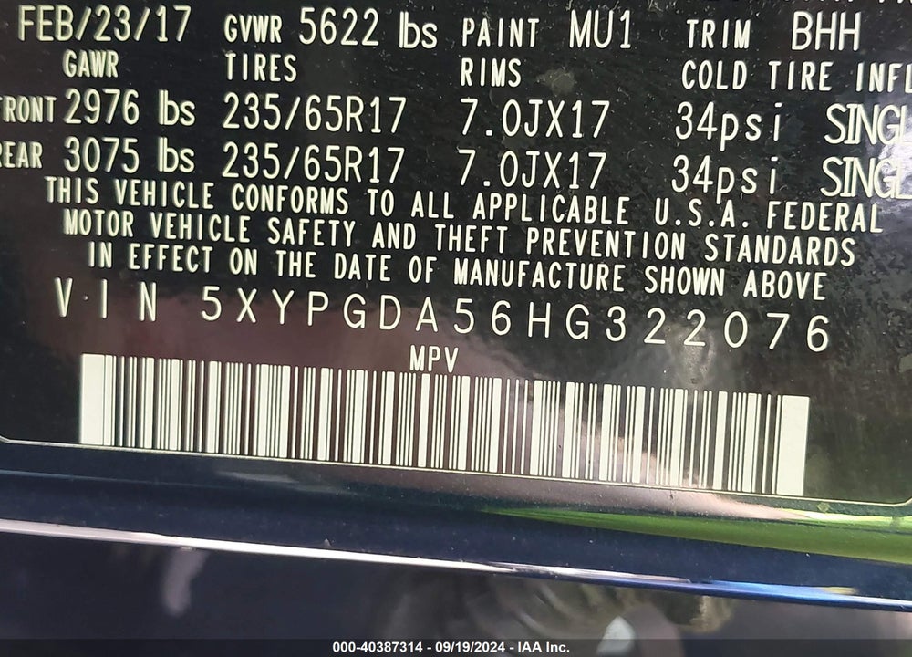 2017 KIA SORENTO 3.3L LX VIN: 5XYPGDA56HG322076