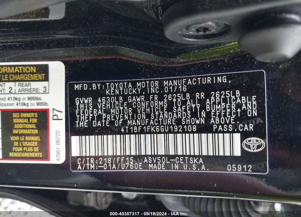 2016 TOYOTA CAMRY SE VIN: 4T1BF1FK6GU192108
