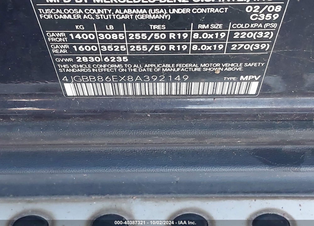 2008 MERCEDES-BENZ ML 350 4MATIC VIN: 4JGBB86EX8A392149
