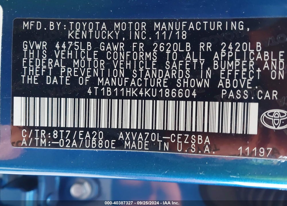 2019 TOYOTA CAMRY SE VIN: 4T1B11HK4KU186604