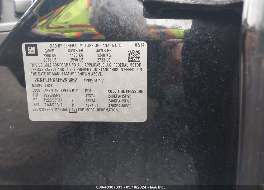 2014 CHEVROLET EQUINOX 1LT VIN: 2GNFLFEK4E6298962