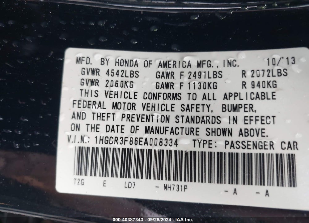 2014 HONDA ACCORD EX-L V-6 VIN: 1HGCR3F86EA008334