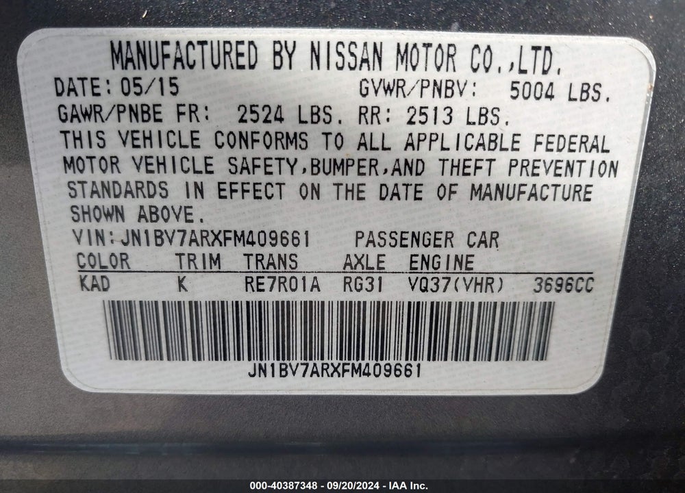 2015 INFINITI Q50 VIN: JN1BV7ARXFM409661