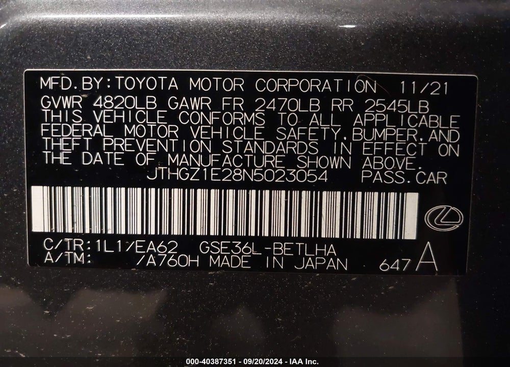 2022 LEXUS IS 350 F-SPORT VIN: JTHGZ1E28N5023054