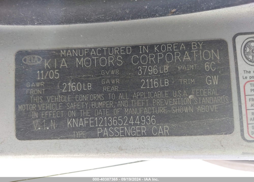 2006 KIA SPECTRA EX/LX/SX VIN: KNAFE121365244936