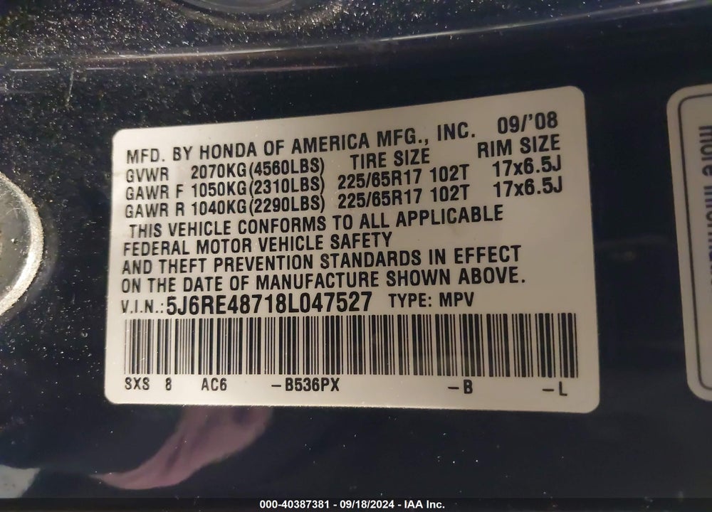 2008 HONDA CR-V EX-L VIN: 5J6RE48718L047527