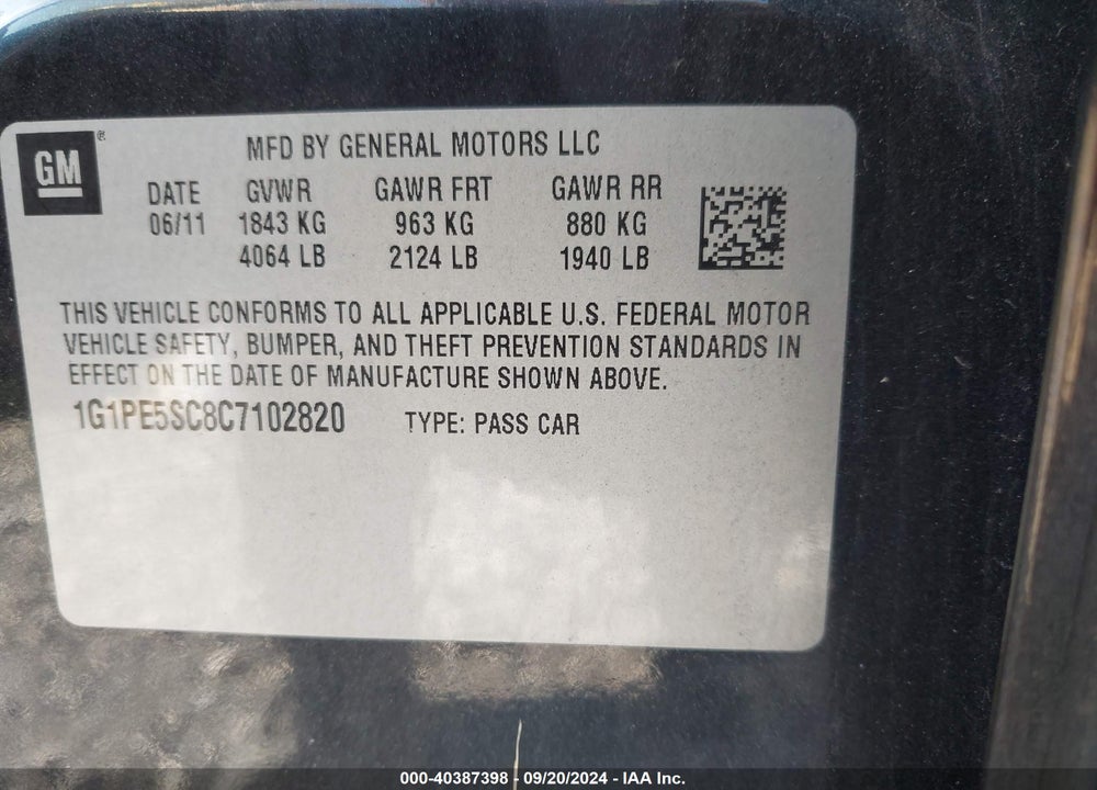 2012 CHEVROLET CRUZE LT VIN: 1G1PE5SC8C7102820