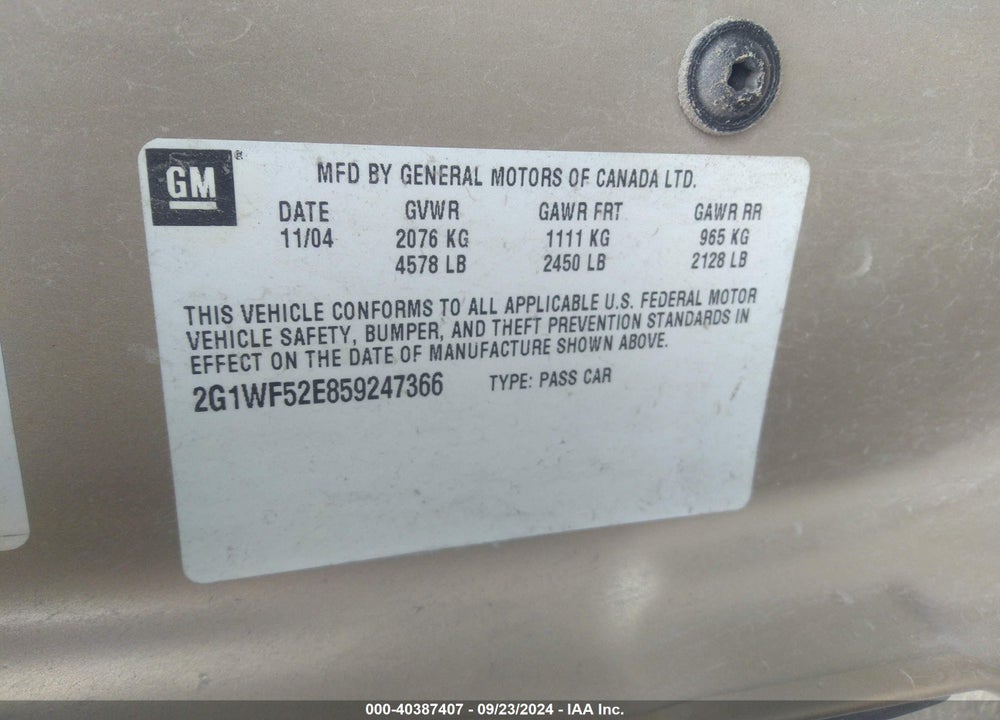 2005 CHEVROLET IMPALA VIN: 2G1WF52E859247366