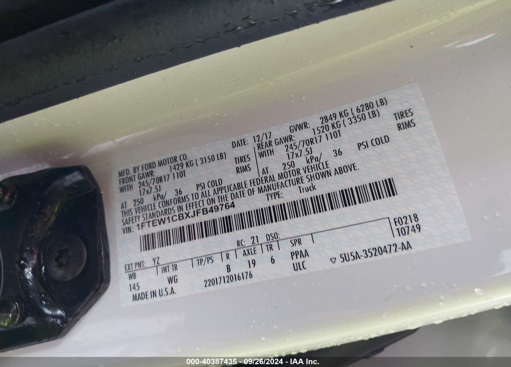 2018 FORD F-150 VIN: 1FTEW1CBXJFB49764