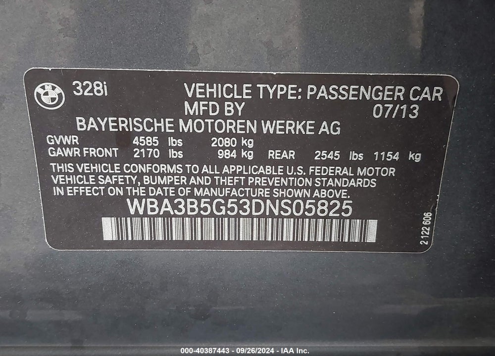 2013 BMW 328I XDRIVE VIN: WBA3B5G53DNS05825