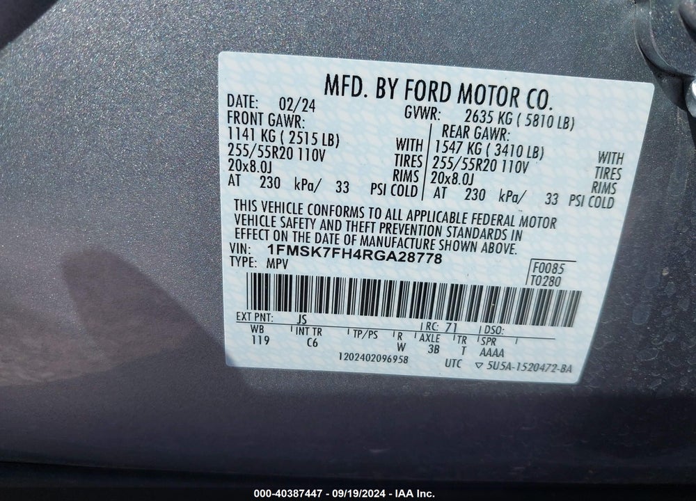 2024 FORD EXPLORER LIMITED VIN: 1FMSK7FH4RGA28778