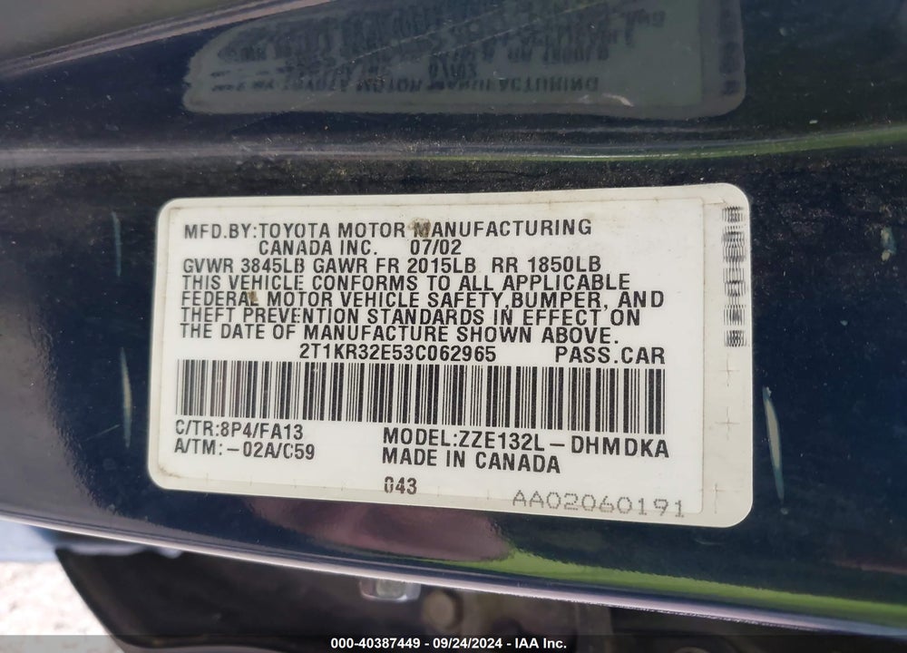 2003 TOYOTA MATRIX STANDARD VIN: 2T1KR32E53C062965