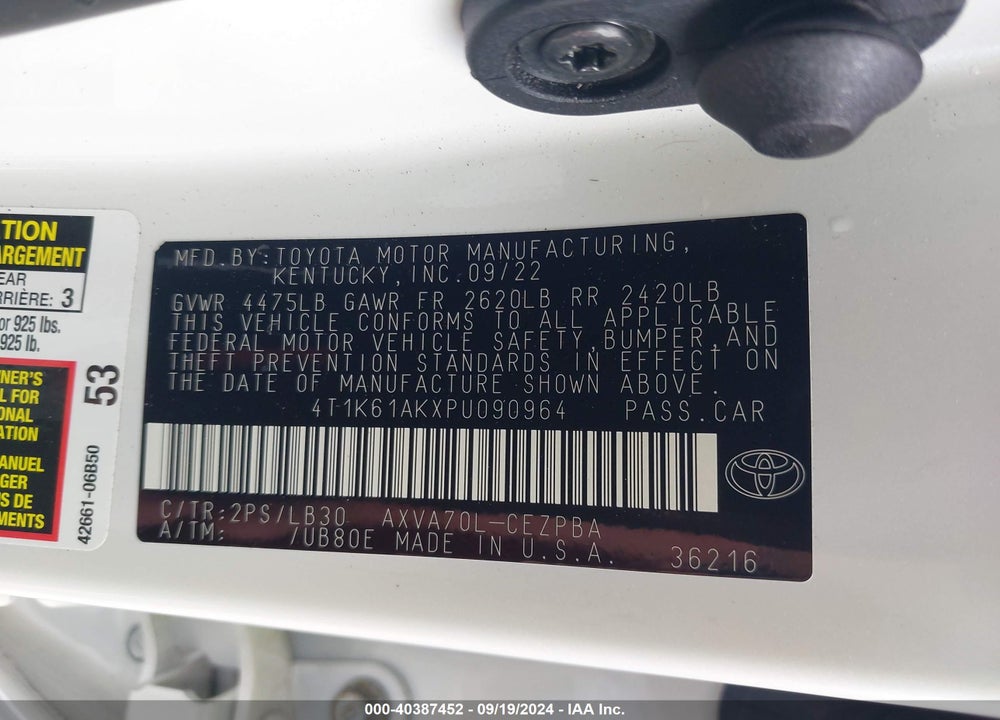 2023 TOYOTA CAMRY XSE VIN: 4T1K61AKXPU090964