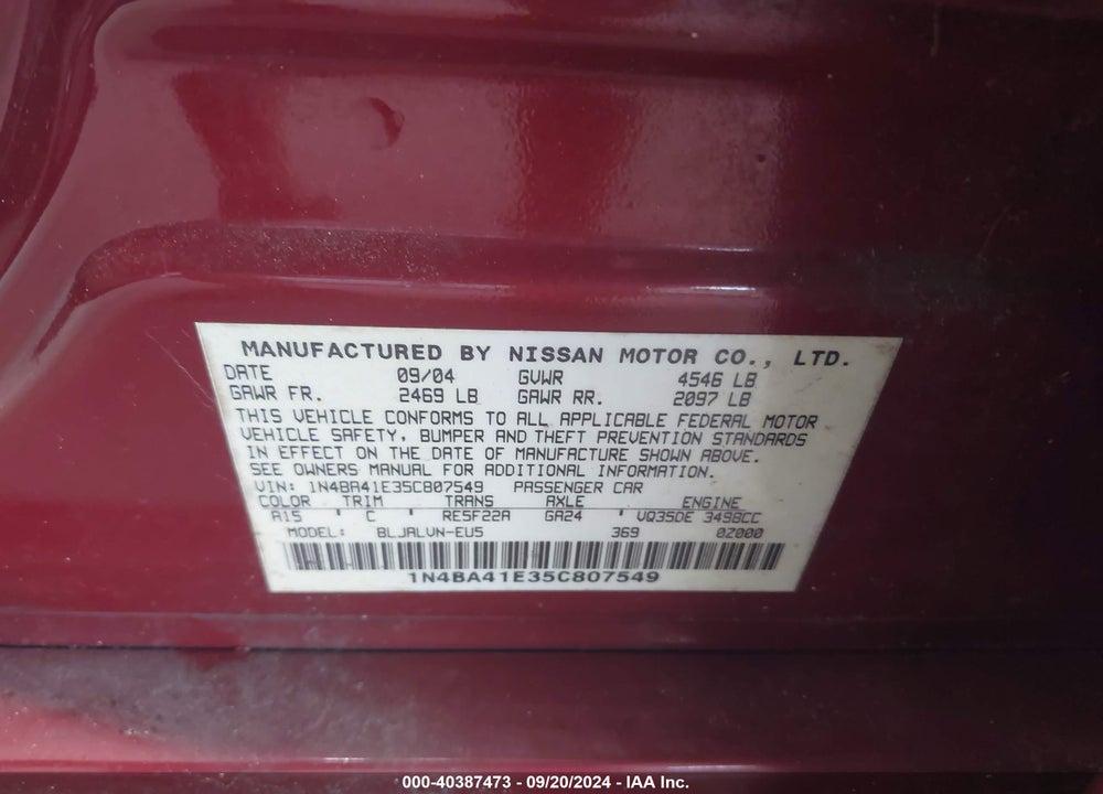 2005 NISSAN MAXIMA 3.5 SL VIN: 1N4BA41E35C807549