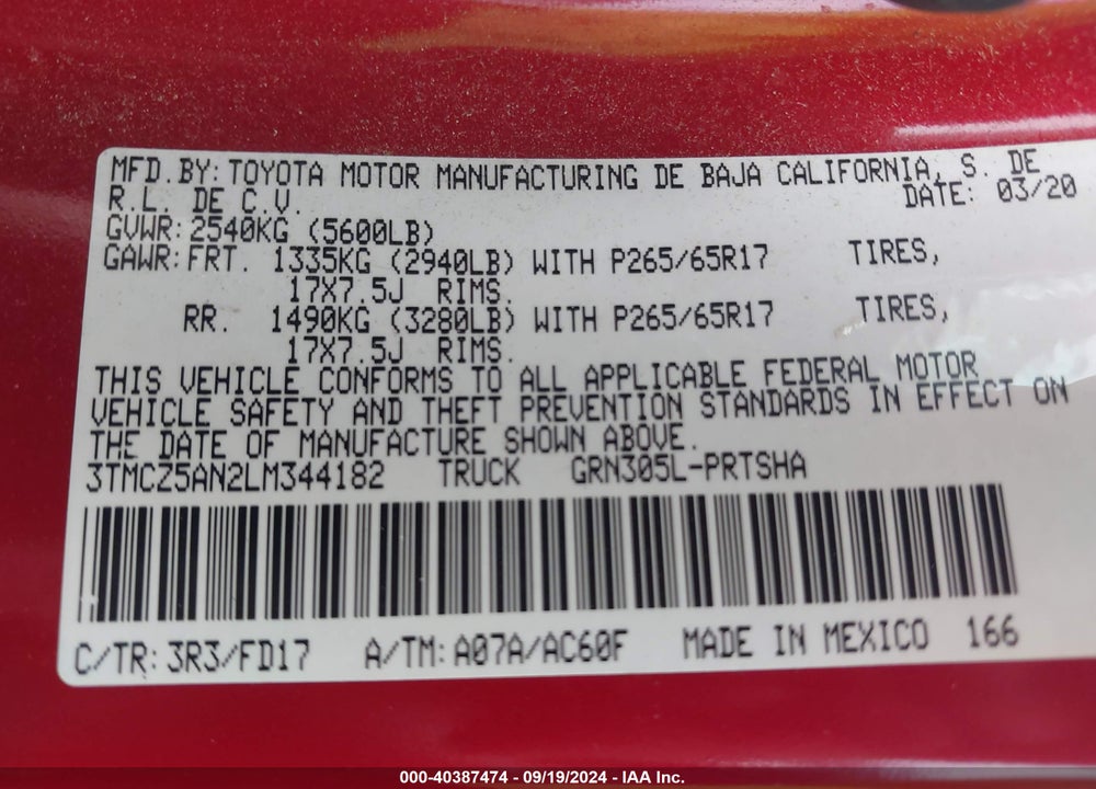 2020 TOYOTA TACOMA VIN: 3TMCZ5AN2LM344182