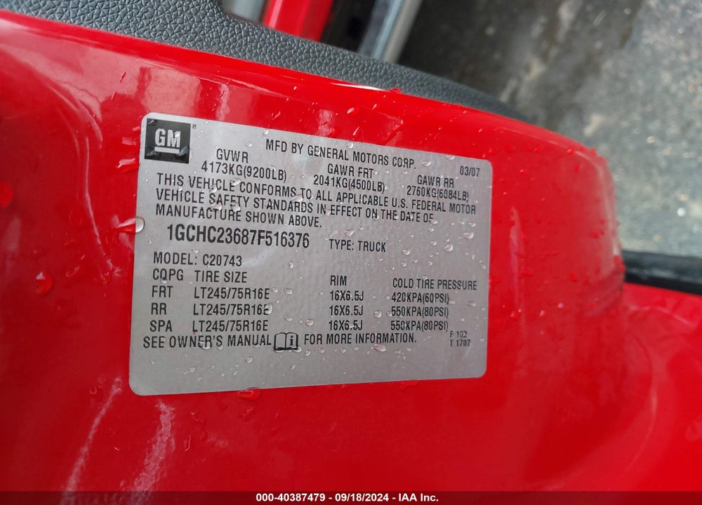 2007 CHEVROLET SILVERADO 2500HD LT1 VIN: 1GCHC23687F516376