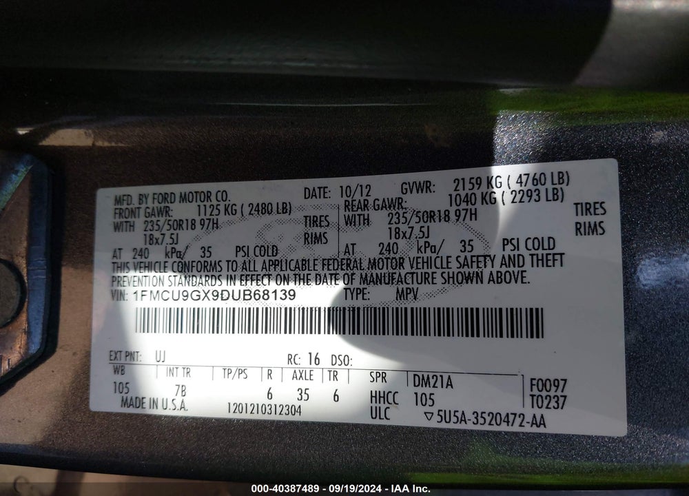 2013 FORD ESCAPE SE VIN: 1FMCU9GX9DUB68139