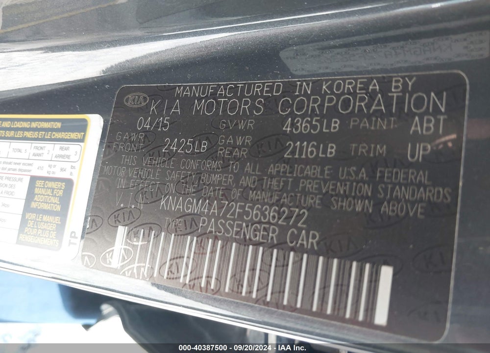2015 KIA OPTIMA LX VIN: KNAGM4A72F5636272