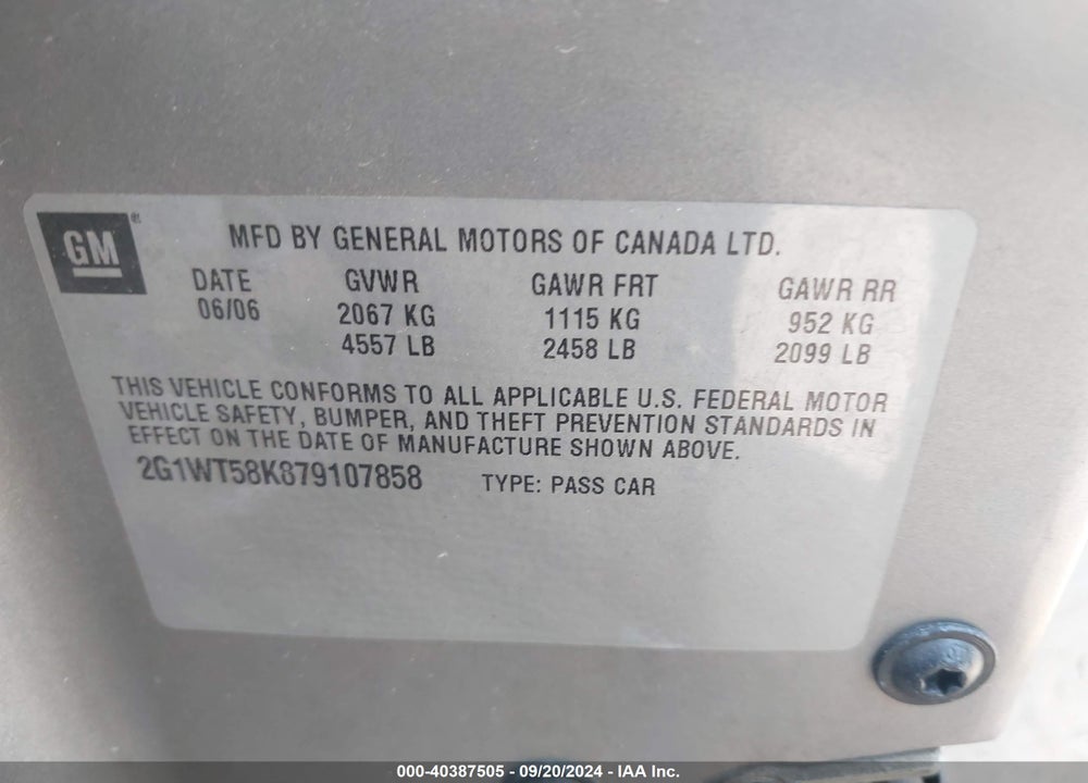2007 CHEVROLET IMPALA LT VIN: 2G1WT58K879107858