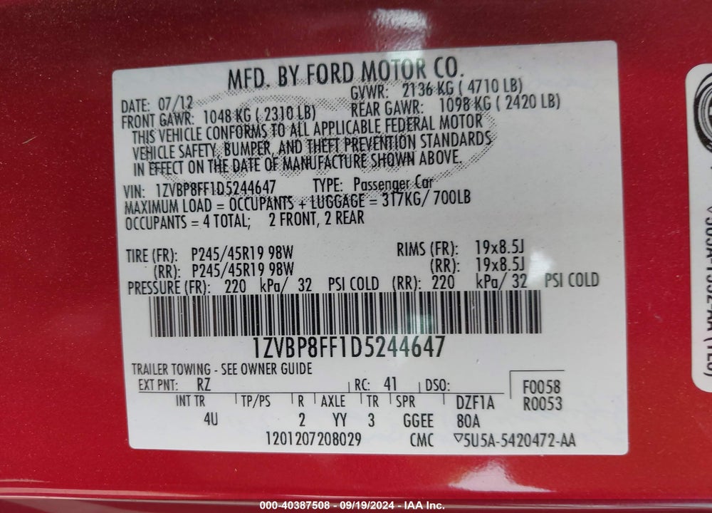 2013 FORD MUSTANG GT PREMIUM VIN: 1ZVBP8FF1D5244647