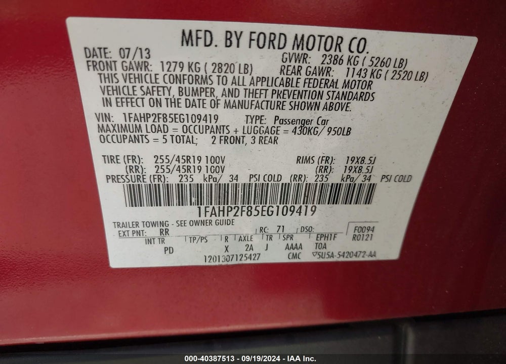 2014 FORD TAURUS LIMITED VIN: 1FAHP2F85EG109419