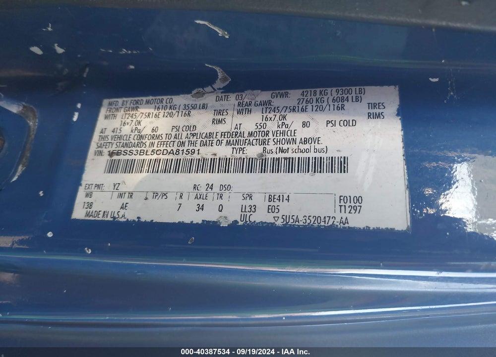 2012 FORD E-350 SUPER DUTY XL VIN: 1FBSS3BL5CDA81591