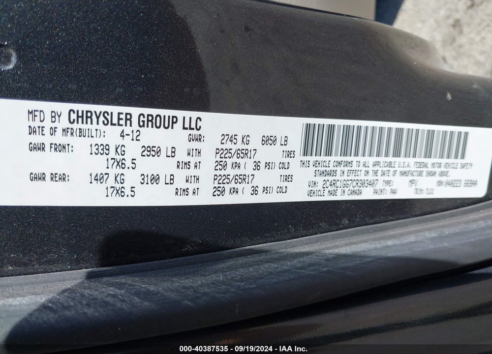 2012 CHRYSLER TOWN & COUNTRY LIMITED VIN: 2C4RC1GG7CR303407