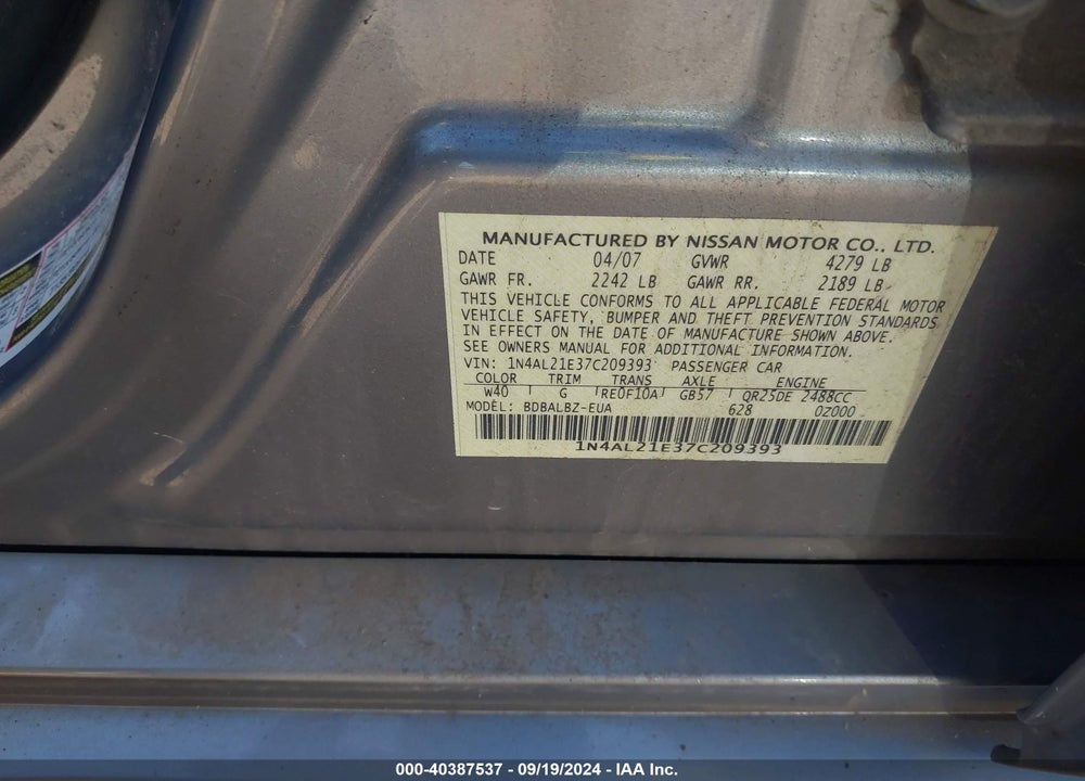 2007 NISSAN ALTIMA 2.5 S VIN: 1N4AL21E37C209393