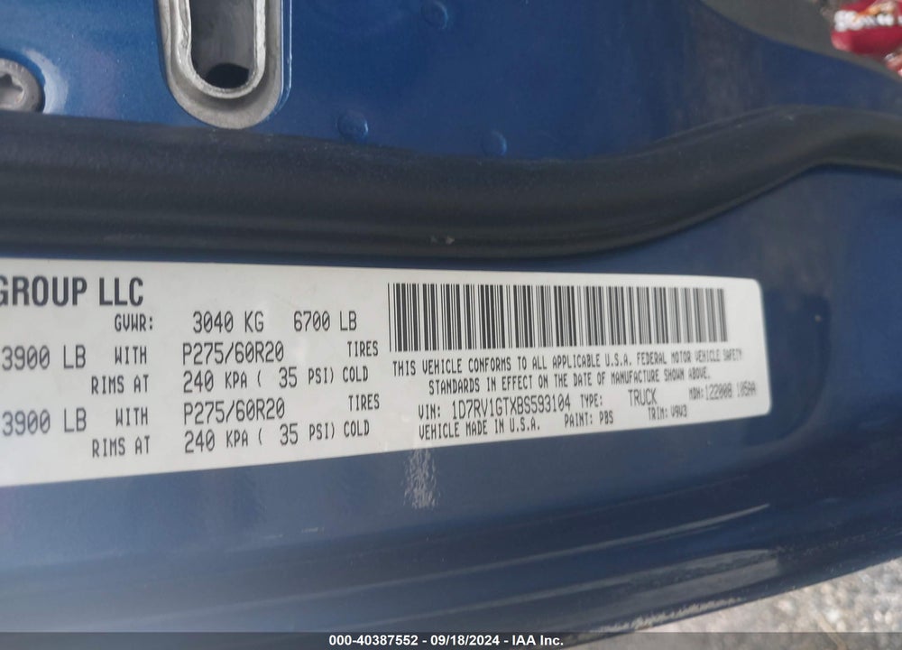 2011 RAM 1500 SLT VIN: 1D7RV1GTXBS593104