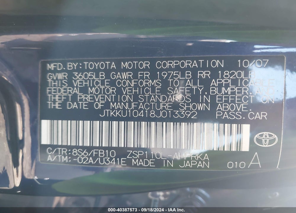 2008 SCION XD VIN: JTKKU10418J013392