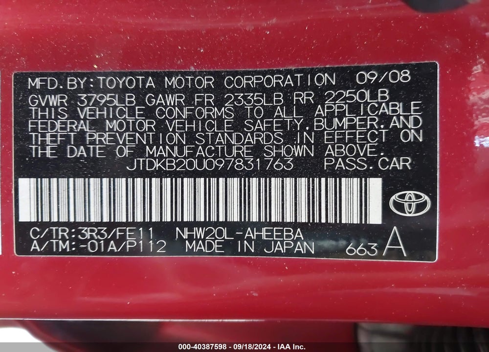 2009 TOYOTA PRIUS VIN: JTDKB20U097831763
