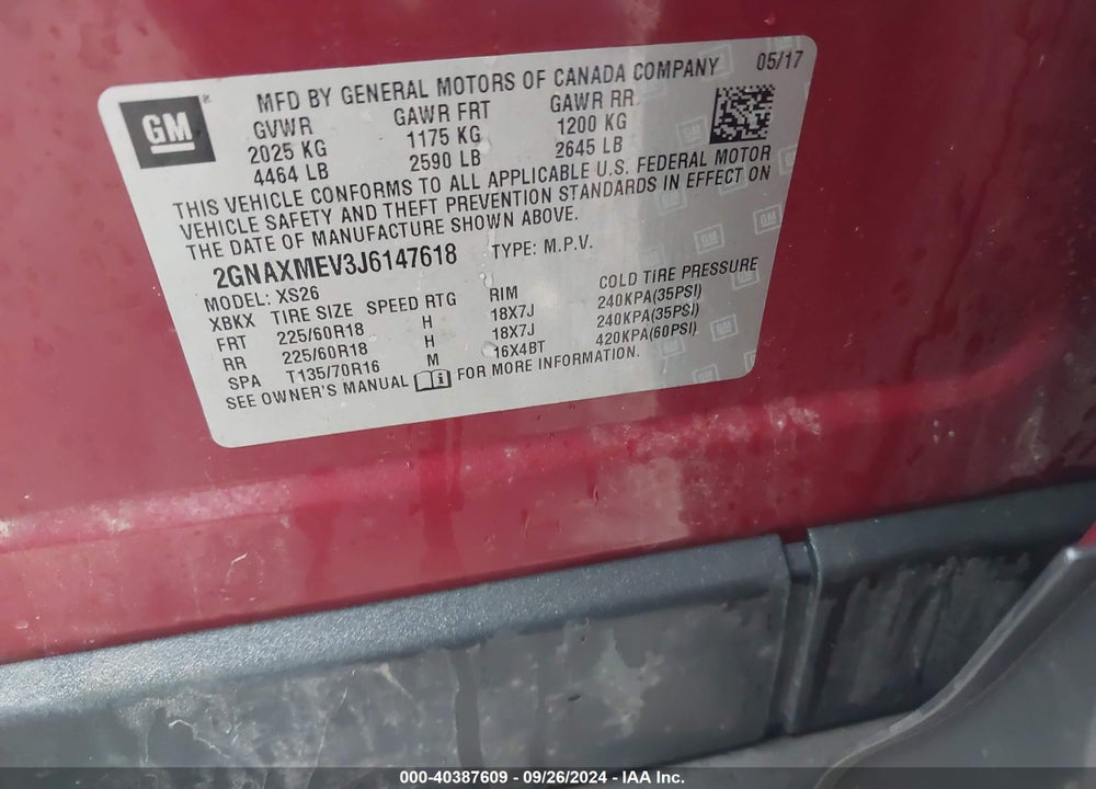 2018 CHEVROLET EQUINOX PREMIER VIN: 2GNAXMEV3J6147618