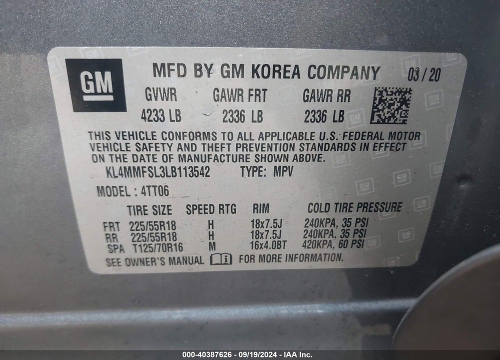 2020 BUICK ENCORE GX FWD ESSENCE VIN: KL4MMFSL3LB113542