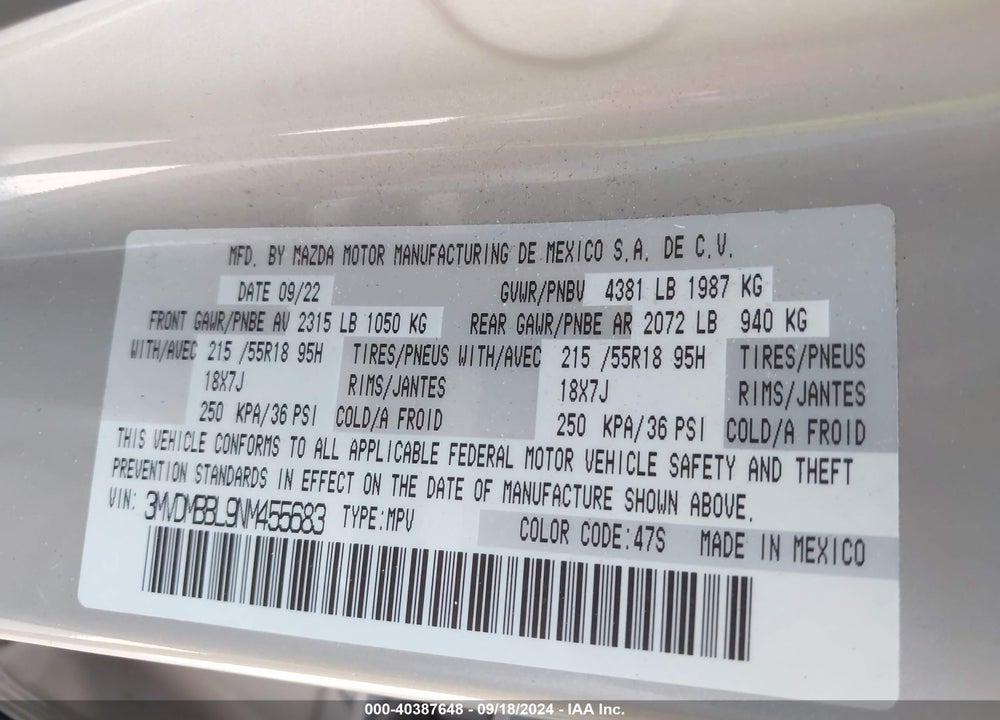 2022 MAZDA CX-30 SELECT VIN: 3MVDMBBL9NM455683