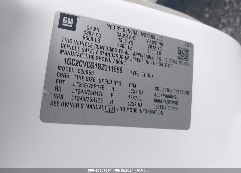 2011 CHEVROLET SILVERADO 2500HD WORK TRUCK VIN: 1GC2CVCG1BZ311988