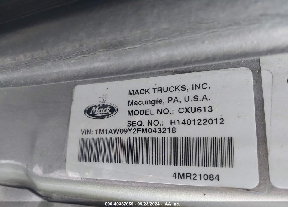 2015 MACK CXU613 CXU600 VIN: 1M1AW09Y2FM043218