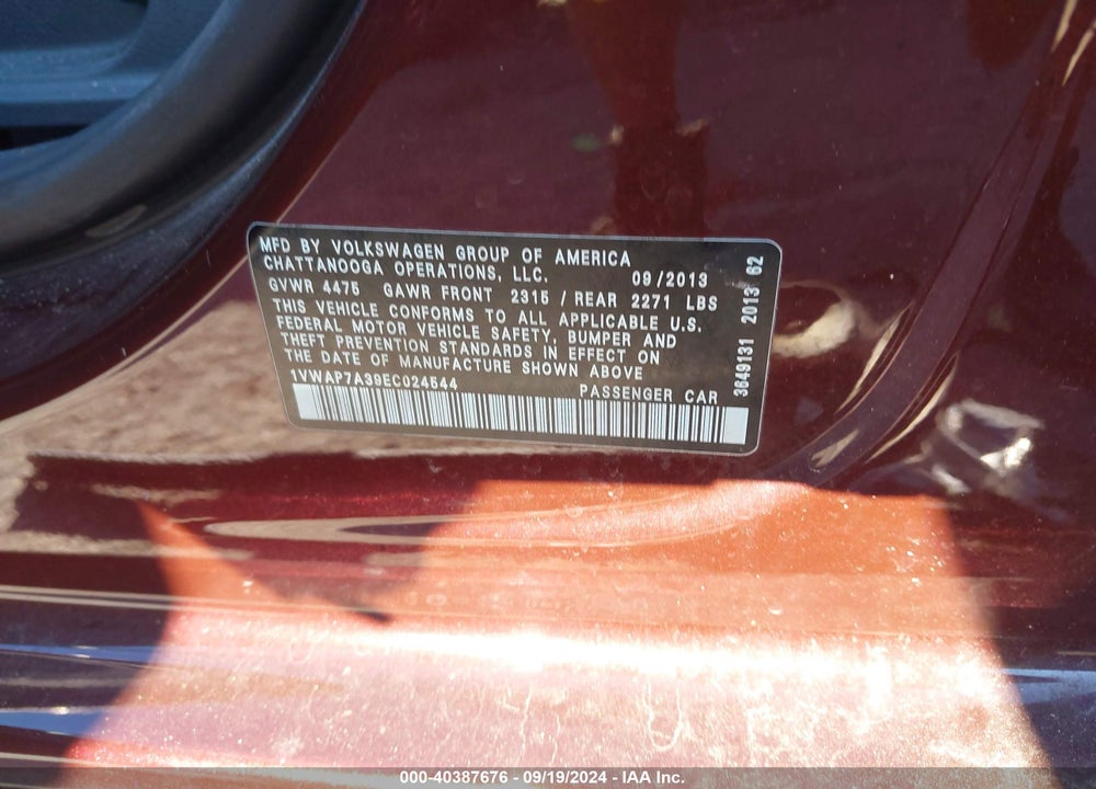 2014 VOLKSWAGEN PASSAT 2.5L S VIN: 1VWAP7A39EC024544