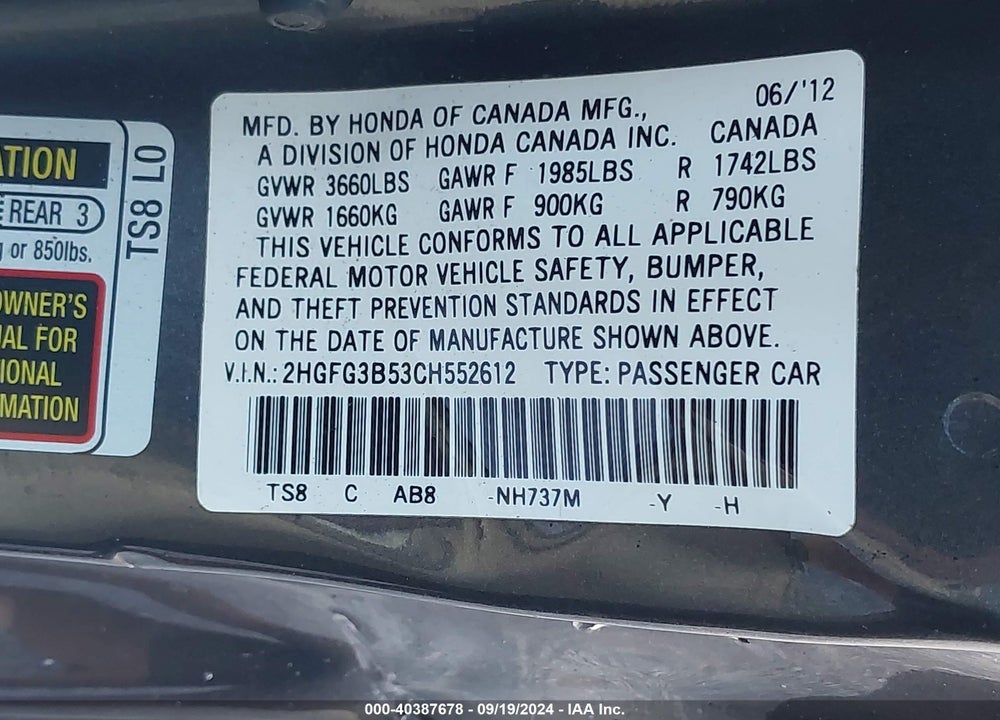 2012 HONDA CIVIC LX VIN: 2HGFG3B53CH552612